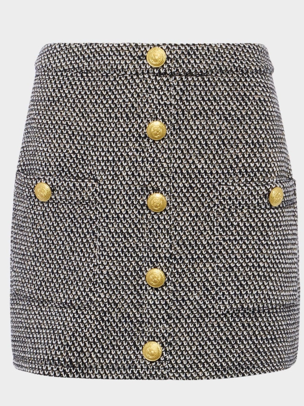 L'AGENCE Black and White Tweed Mini Skirt with Gold Buttons
